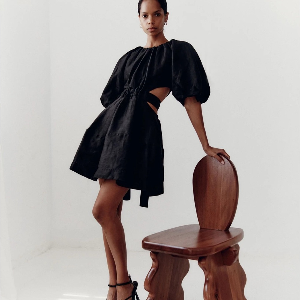 Aje Silk Black Puff Sleeve Dress